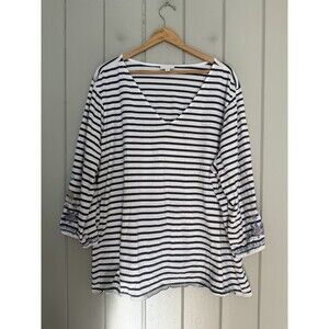 J. Jill Top 4X V-Neck Striped Embroidered Navy Blue White 3/4 Sleeves